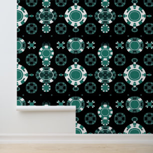 Casino Poker Chips Pattern in Teal and Black Wallpaper