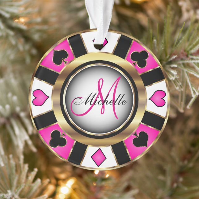 Casino Poker Monogram Chip - Hot Pink Ornament (Tree)