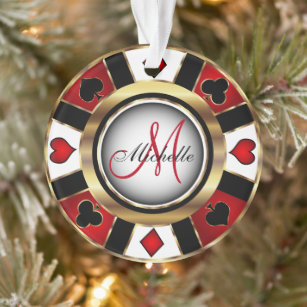 Casino Poker Monogram Chip - Red and Gold Ornament