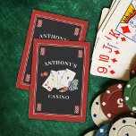 Casino Poker Party Personalized Playing Cards<br><div class="desc">Personalized casino or poker party themed playing cards with your custom text and choice of colours. The design features playing cards, dice and poker chips and shown in black, red and white. Changes can be made in EDIT. ASSISTANCE: For help with design modification/personalization, colour change, transferring the design to another...</div>
