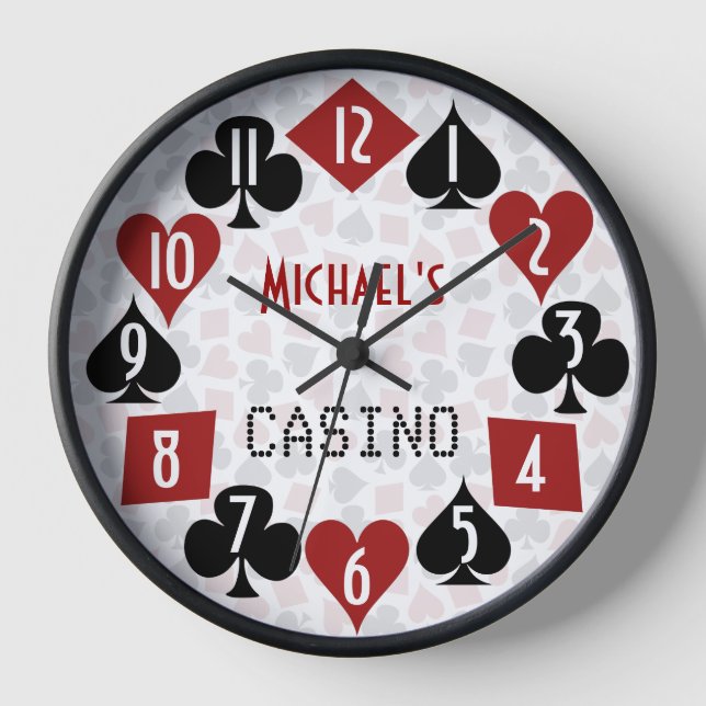 Casino Poker Room Suits Customizable Name Text Wall Clock (Front)