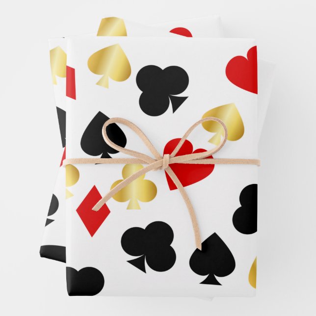 Casino Red, Black and Gold Card Suit Gambling    Wrapping Paper Sheet (In situ)
