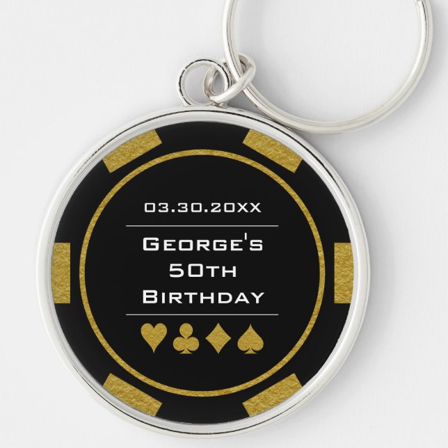 Casino Theme Black Gold Poker Chip Birthday Keychain (Front)