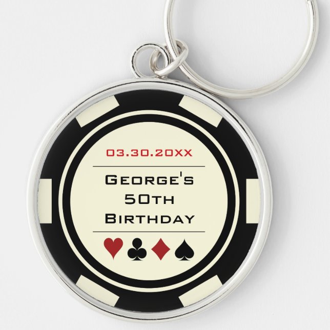 Casino Theme Black White Poker Chip Birthday Keychain (Front)