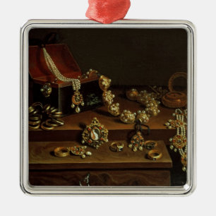Casket of jewels on a table metal ornament