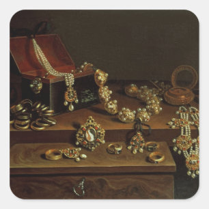 Casket of jewels on a table square sticker