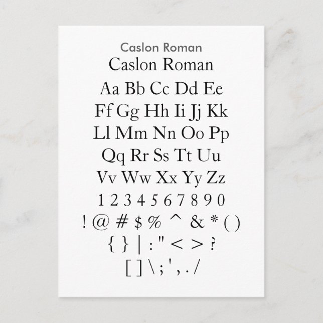 Caslon Roman - Zazzle Font Sampler Sheet Postcard (Front)