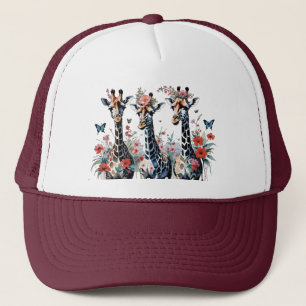 Casquette 3 Giraffes adorables aux fleurs