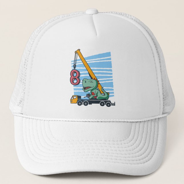 Casquette 8 ans 8e anniversaire grue mobile dinosaure (Devant)