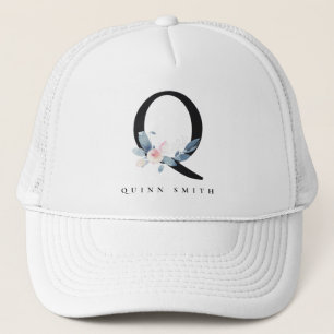 CASQUETTE ALPHABÈTES FLORAUX BLEU DOUX NOM LETTRE Q