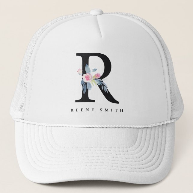 CASQUETTE ALPHABÈTES FLORAUX BLEUS DOUX NOM LETTRE R (Devant)