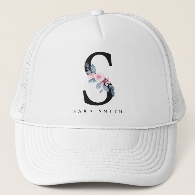 CASQUETTE ALPHABÈTES FLORAUX BLEUS DOUX NOM LETTRE S (Devant)