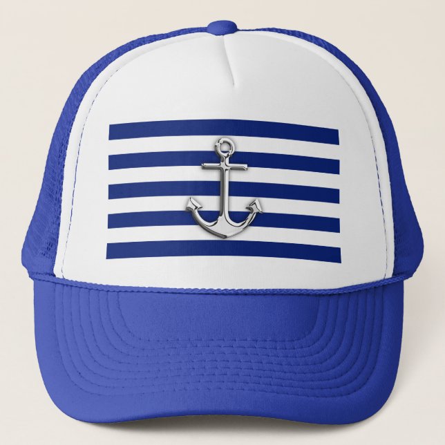 Casquette Ancre Chrome sur la marine nautique Bleu Stripes I (Devant)