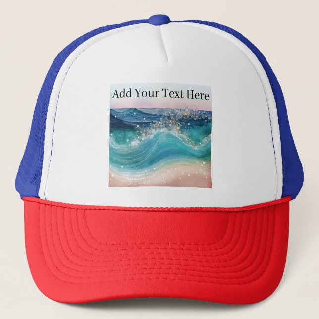 Casquette Aquarelle Bleu Blanc Océan Vague Personnalisée Nom (Devant)