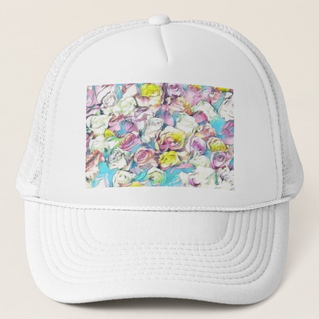 Casquette Aquarelle Peinture de roses blanches rose jaune (Devant)