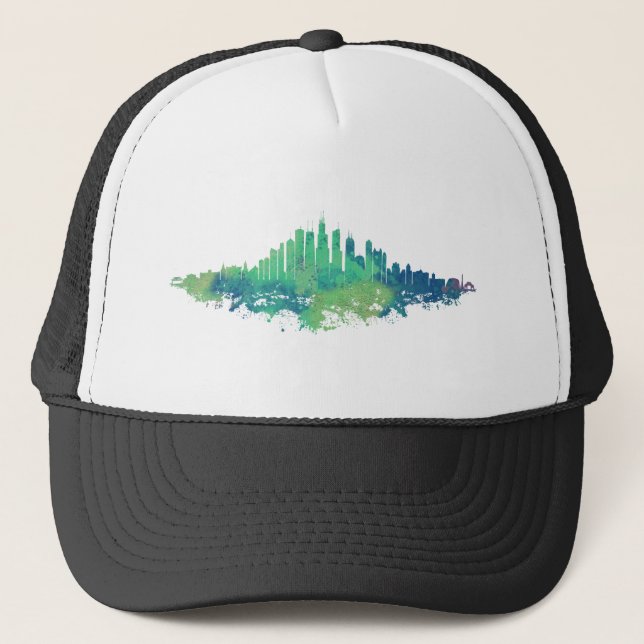 Casquette Aquarelle Skyline de Chicago en bleu et vert (Devant)