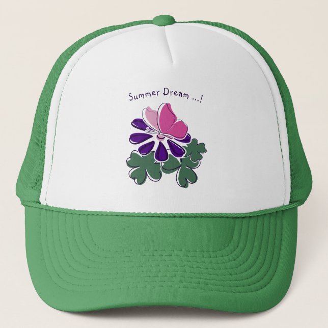 Casquette Beurre rose mou Doodé de fleurs violettes été (Devant)