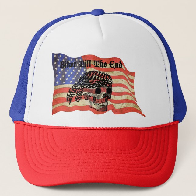 Casquette Biker jusqu'au bout crâne USA Drapeau art (Devant)