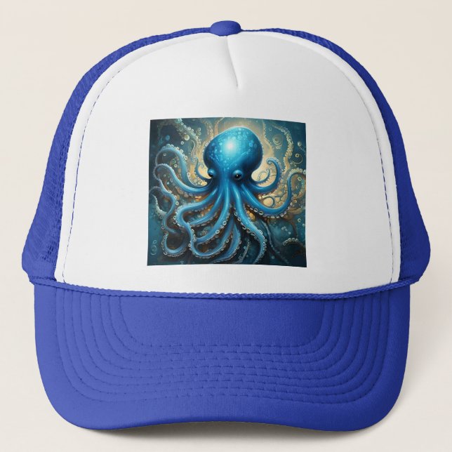 Casquette Bleu Octopus Acrylique Abstraite, (Devant)