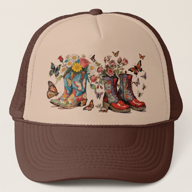 Casquette Bottes avec marguerites Roses et papillons (Devant)