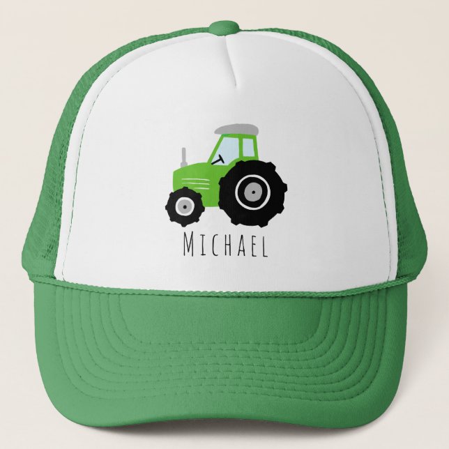 Casquette Boys Cute Green Tractor ferme et nom Enfants (Devant)