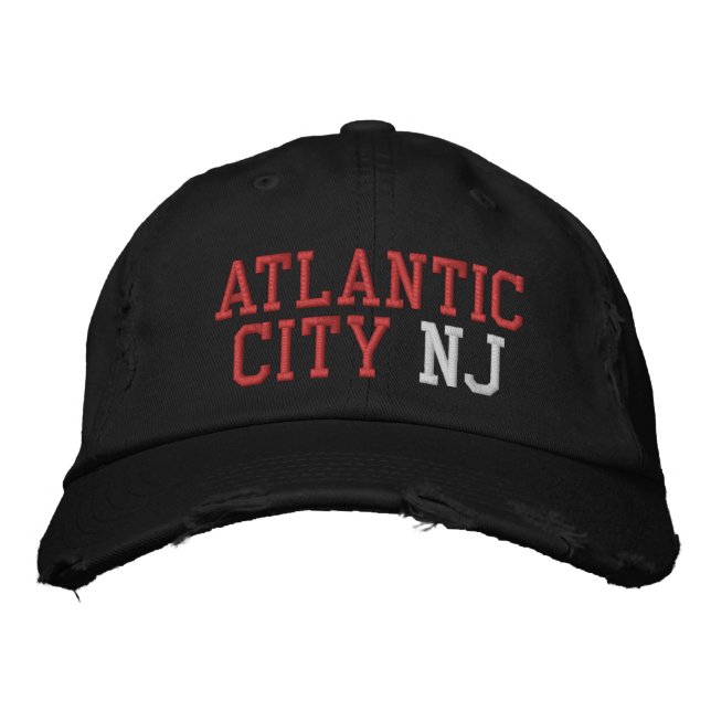 Casquette Brodée ATLANTIC CITY NJ Rouge blanc sur le Vintage noir (Devant)