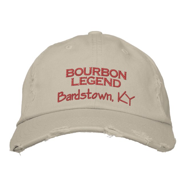 Casquette Brodée Bourbon Legend, Bardstown KY rouge sur pierre (Devant)