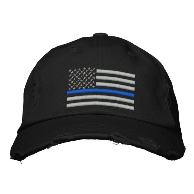 Casquette Brodée Ligne Bleue mince Drapeau US en argent (Devant)