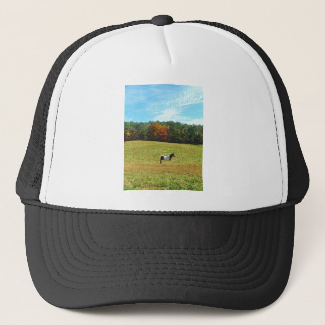 Casquette Brown & cheval blanc, arbres d'automne, ciel bleu (Devant)