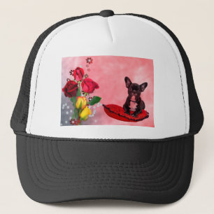 Casquette Bulldog français assis sur le Coussin du coeur et