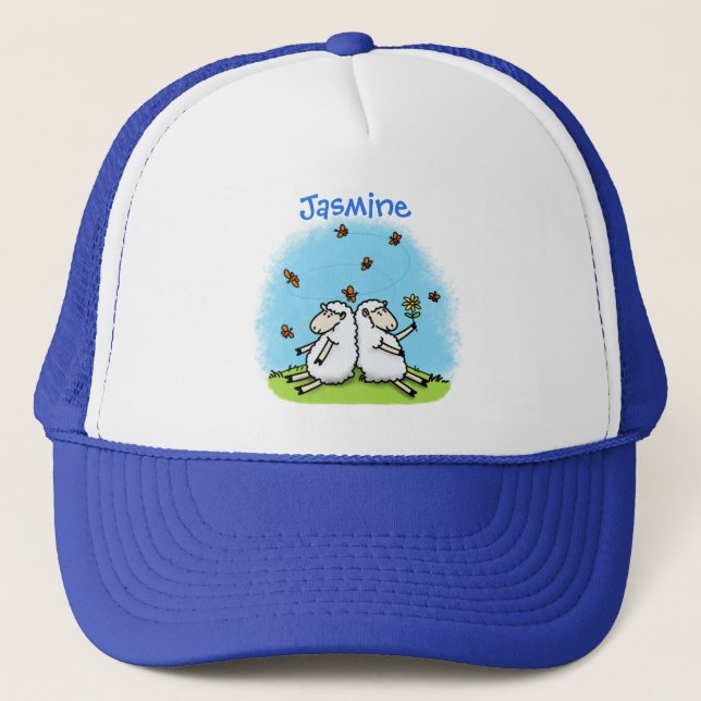 Casquette Caricature de moutons mignons amis et papillons (Devant)