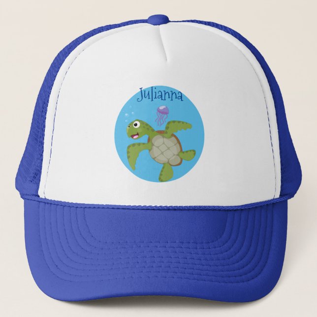 Casquette Caricature joyeuse de tortue de mer verte mignonne (Devant)