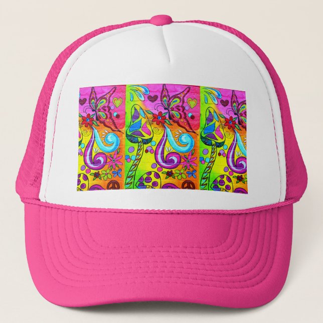 Casquette chapeau groovy rose flower power (Devant)