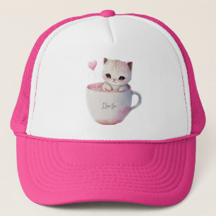 Casquette Chat blanc-rose mignonne dans une tasse de thé (4)