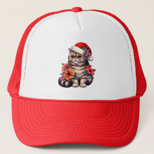 Casquette Chat de Noël Exotique, Chat Floral Père Noël Kitty