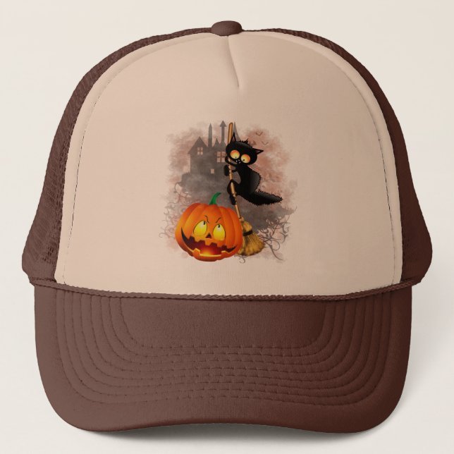 Casquette Chat effrayé par Citrouille Fun Halloween caractèr (Devant)