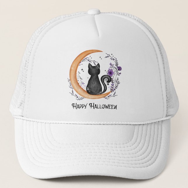 Casquette Chat noir et lune de croissant pour Halloween heur (Devant)