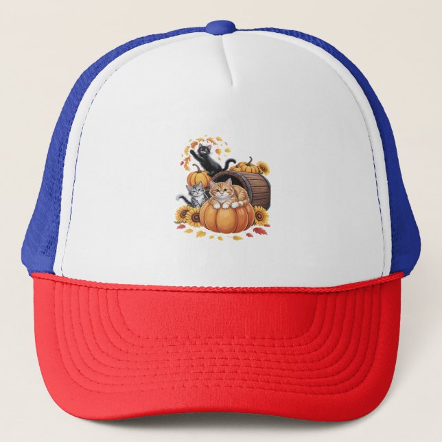 Casquette Chats Automne Citrouilles Thanksgiving Sunflower O (Devant)