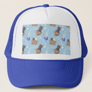 Casquette Chats en boîte et gouttes de lait sur bleu
