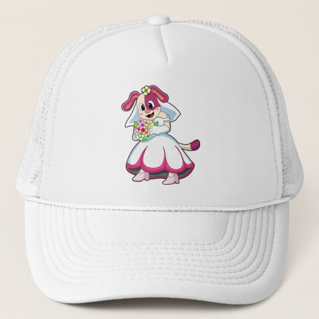 Casquette Chien comme mariée avec robe de mariée et fleurs (Devant)