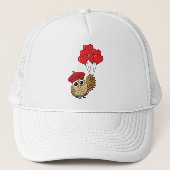 Casquette Chouette mignonne volant avec des ballons de coeur (Devant)