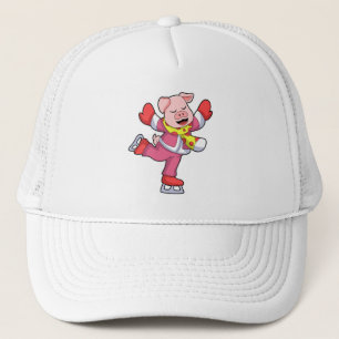 Casquette Cochon au patinage sur glace avec patins sur glace