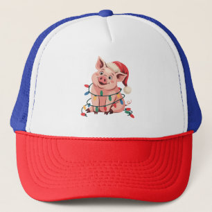 Casquette Cochon aux lumières de Noël portant un chapeau de