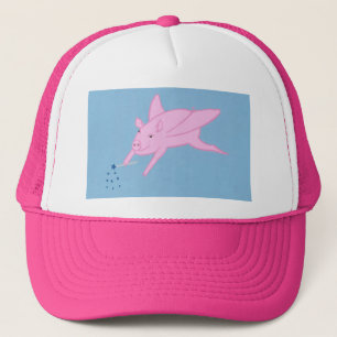 Casquette Cochon rose volant faisant des étoiles bleues Casq