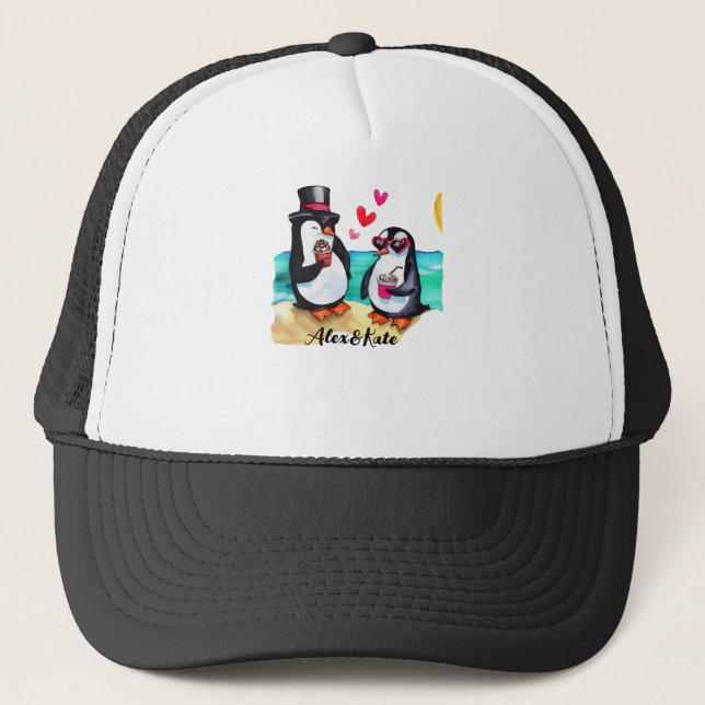 Casquette Couple de manchots drôles, Animaux amoureux (Devant)