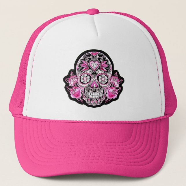 Casquette Crâne de sucre rose et Roses (Devant)