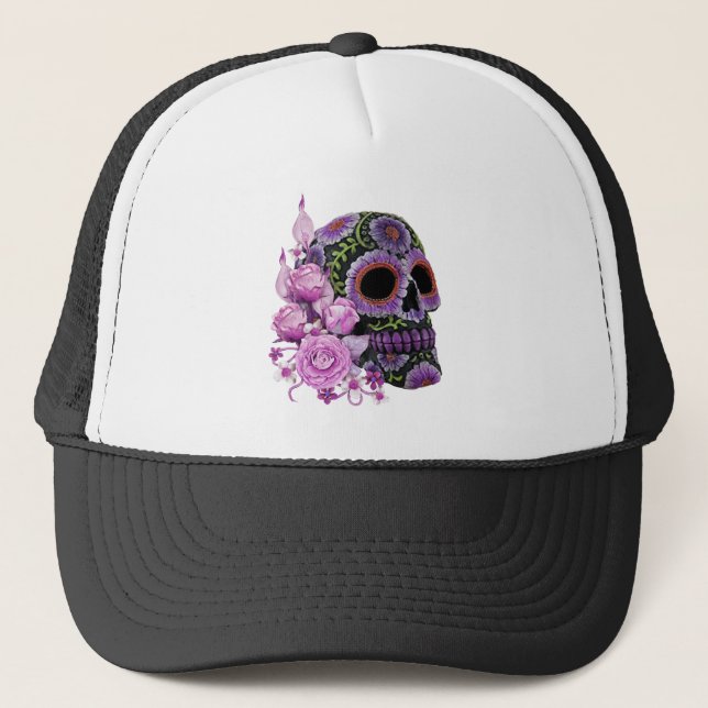 Casquette Crâne de sucre rose floral noir Jour des morts (Devant)