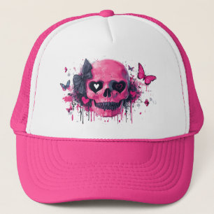Casquette Crâne rose avec papillons et coeurs