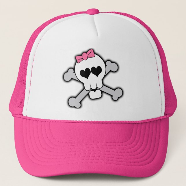 Casquette Crâne rose et os croisés avec les coeurs et l'arc (Devant)