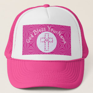 Casquette Croix chrétienne en zigzag rose vif sur fond rose